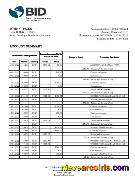 Dominican Republic Bid bank statement xls